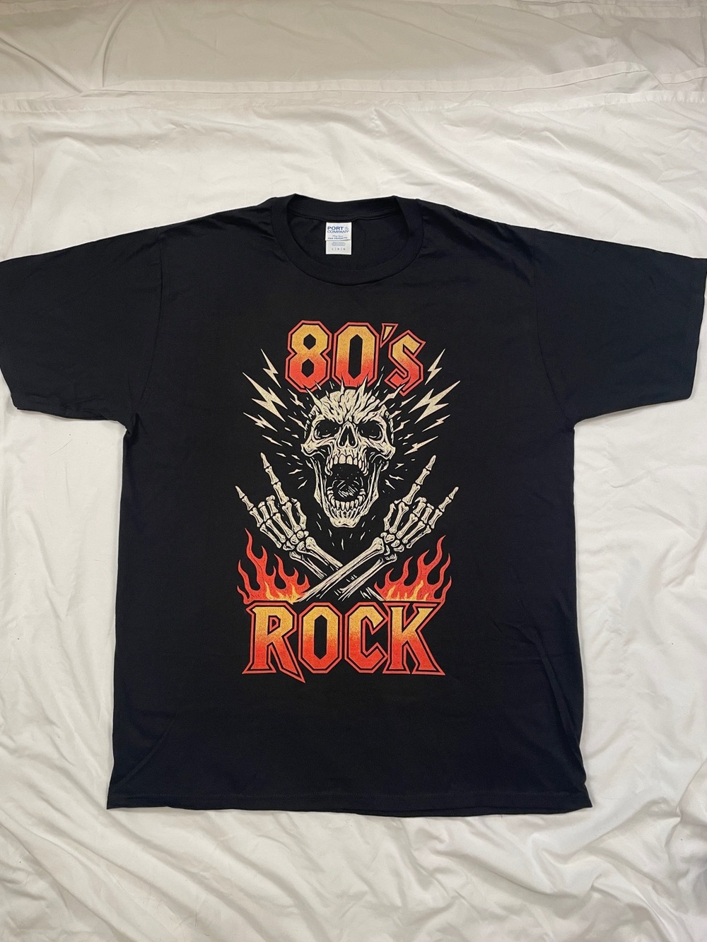 Port and Company Black 80's Rock Skull Tee with Red Flames